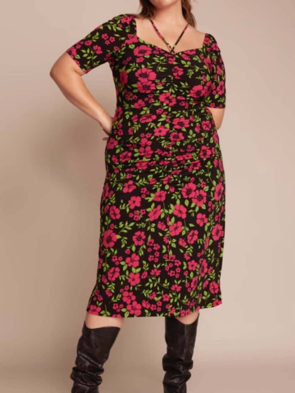 11 Honore Lauryn Midi Dress Ruched Center Black Pink Dress Floral Bodycon US 12